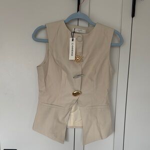 Commense Beige Sleeveless Vest with Gold Button